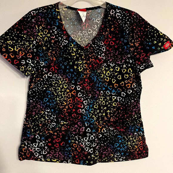 Dickies Women's Colorful Scrub Top size Medium black with colorful hearts - Picture 1 of 7